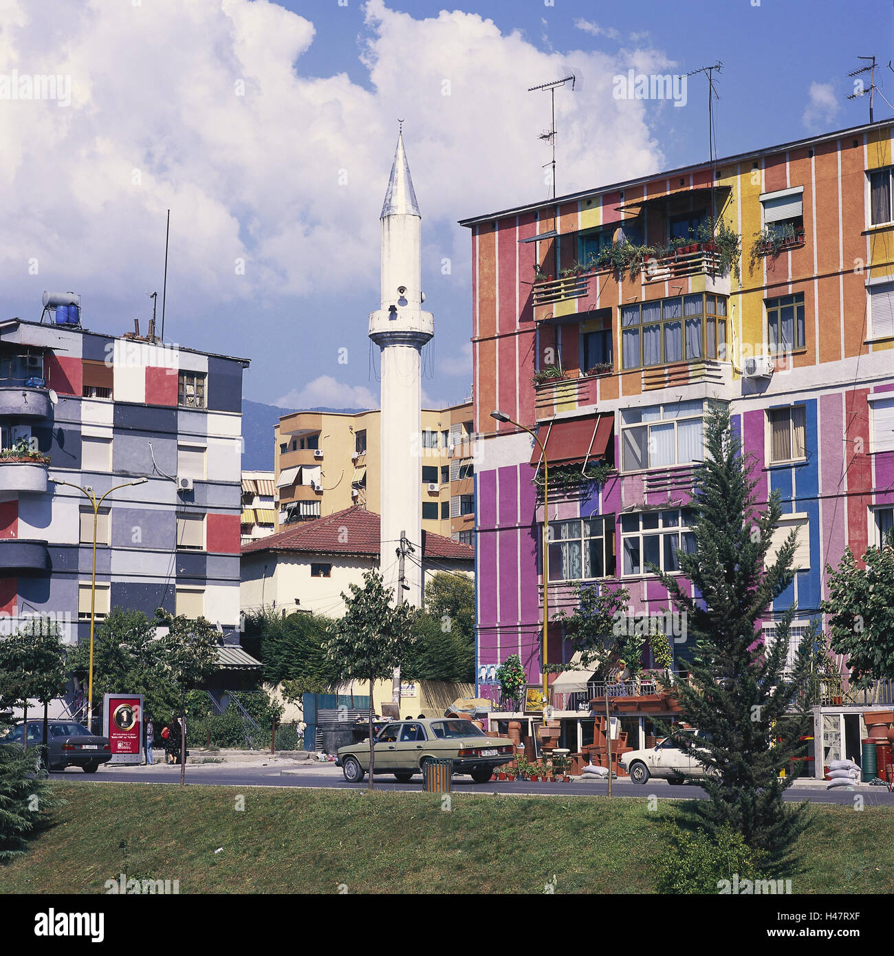 Albania, Tirana, Skanderbeg space, residential houses, mosque, minaret, traffic, Balkan Peninsula, capital, space, houses, house facades, colourfully, brightly, of different colour, place of interest, destination, tourism, Stock Photo