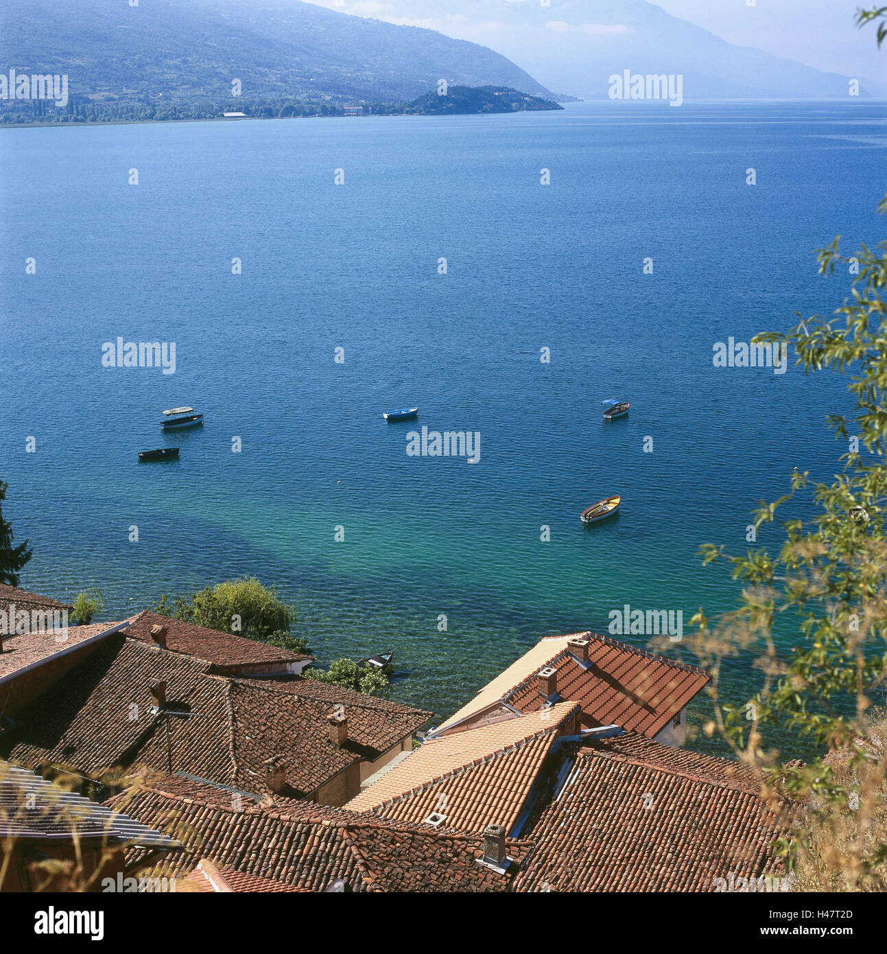 Macedonia, Ohrid, houses, roofs, overview, lake, Southeast Europe, the Balkans, place of interest, destination, town, UNESCO-world cultural heritage, water, boots, house roofs, Stock Photo