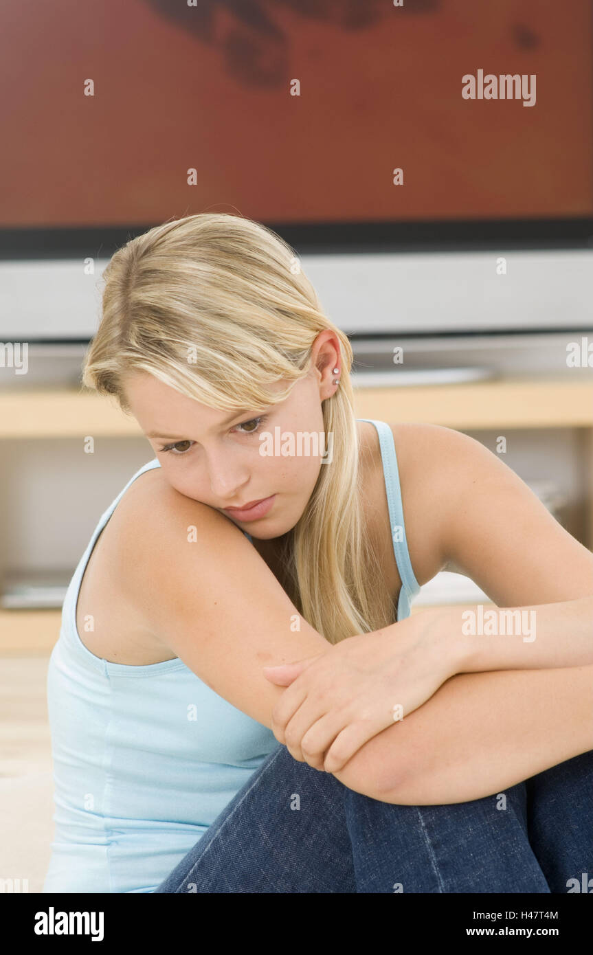 Teenager, thoughtful, embrace, sorrowful, knees, sit, Stock Photo