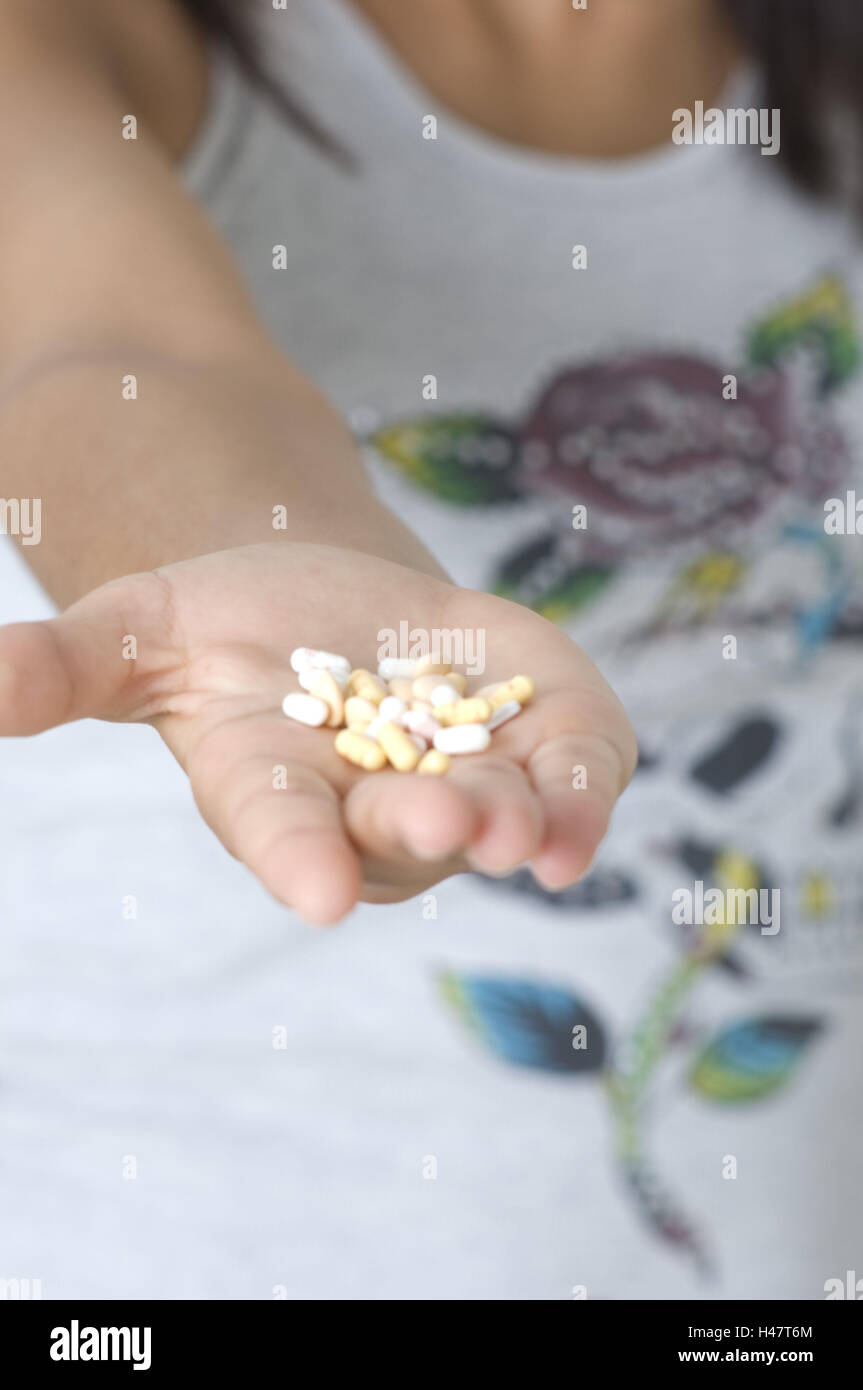 Teenager, palp, pills, detail, hold, blurred, Stock Photo