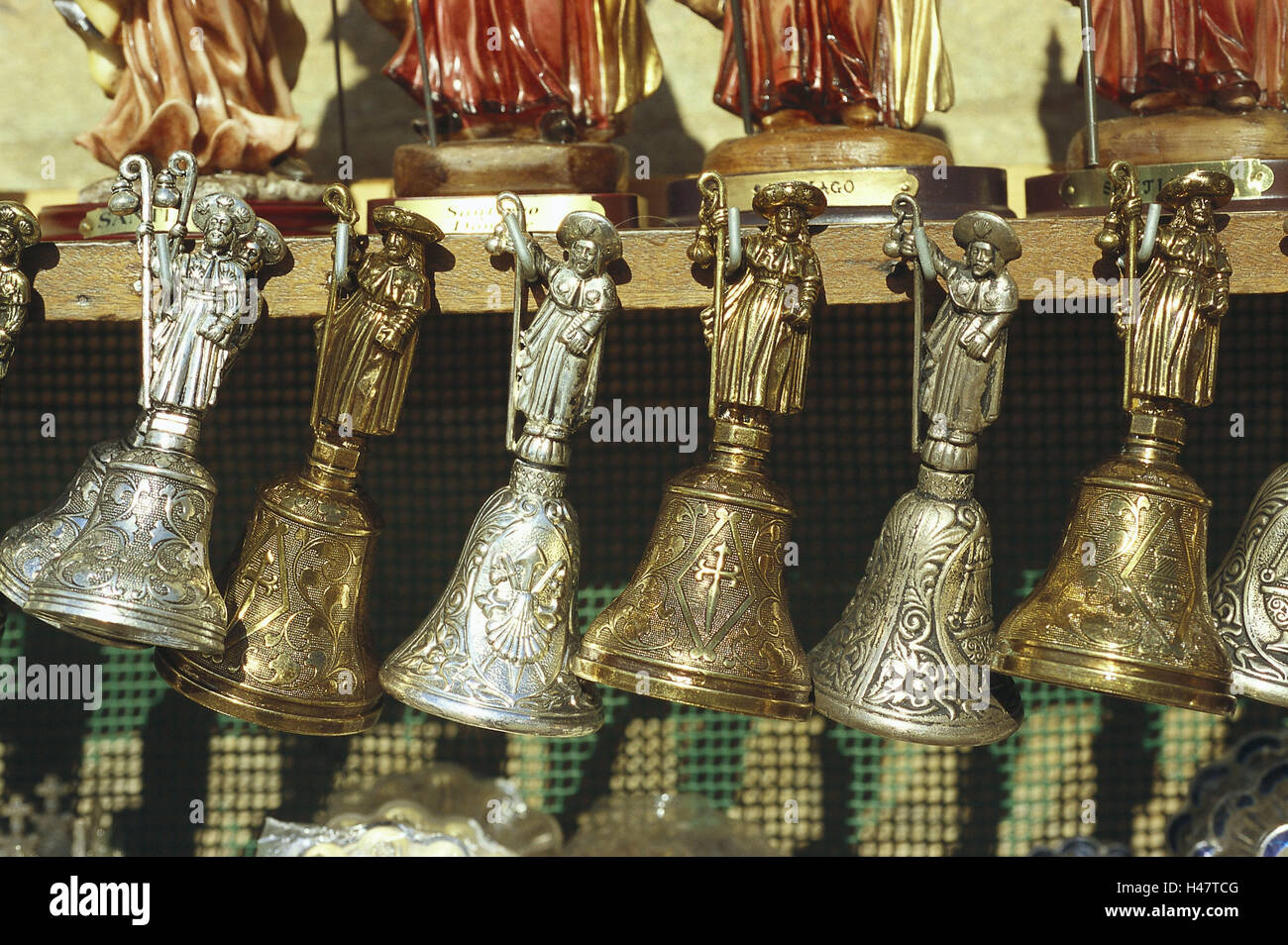 Spain, Galicia, Santiago de Compostela, souvenir sales, bells, place pilgrimage, sales, souvenirs, bronze bells, silver bells, table bells, figures of a saint, icon, to pilgrims, Pilgerschaft, Jakob's way, pilgrimage, pilgrim's way, product photography, economy, retail trade, Stock Photo