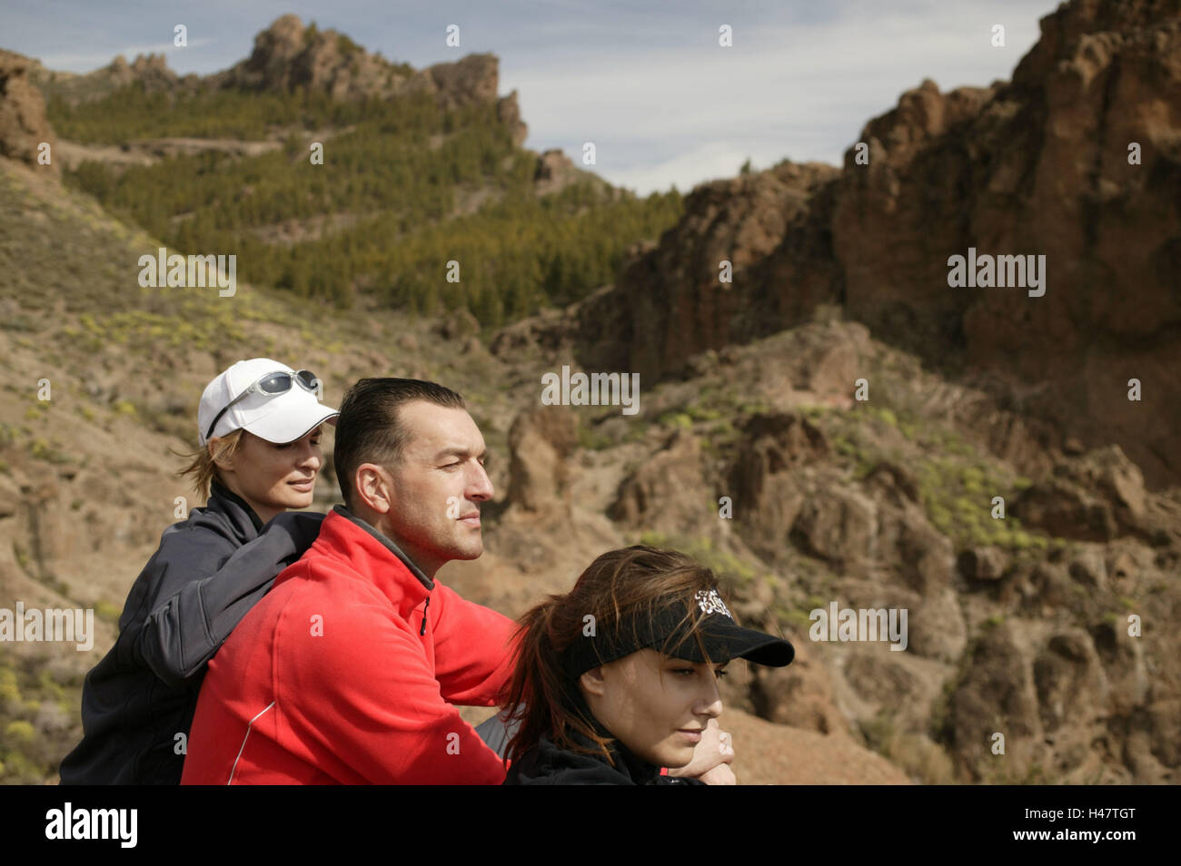 spain, mountain-hiking, tourists, sitting, hikers, pause, nature, portrait Stock Photo