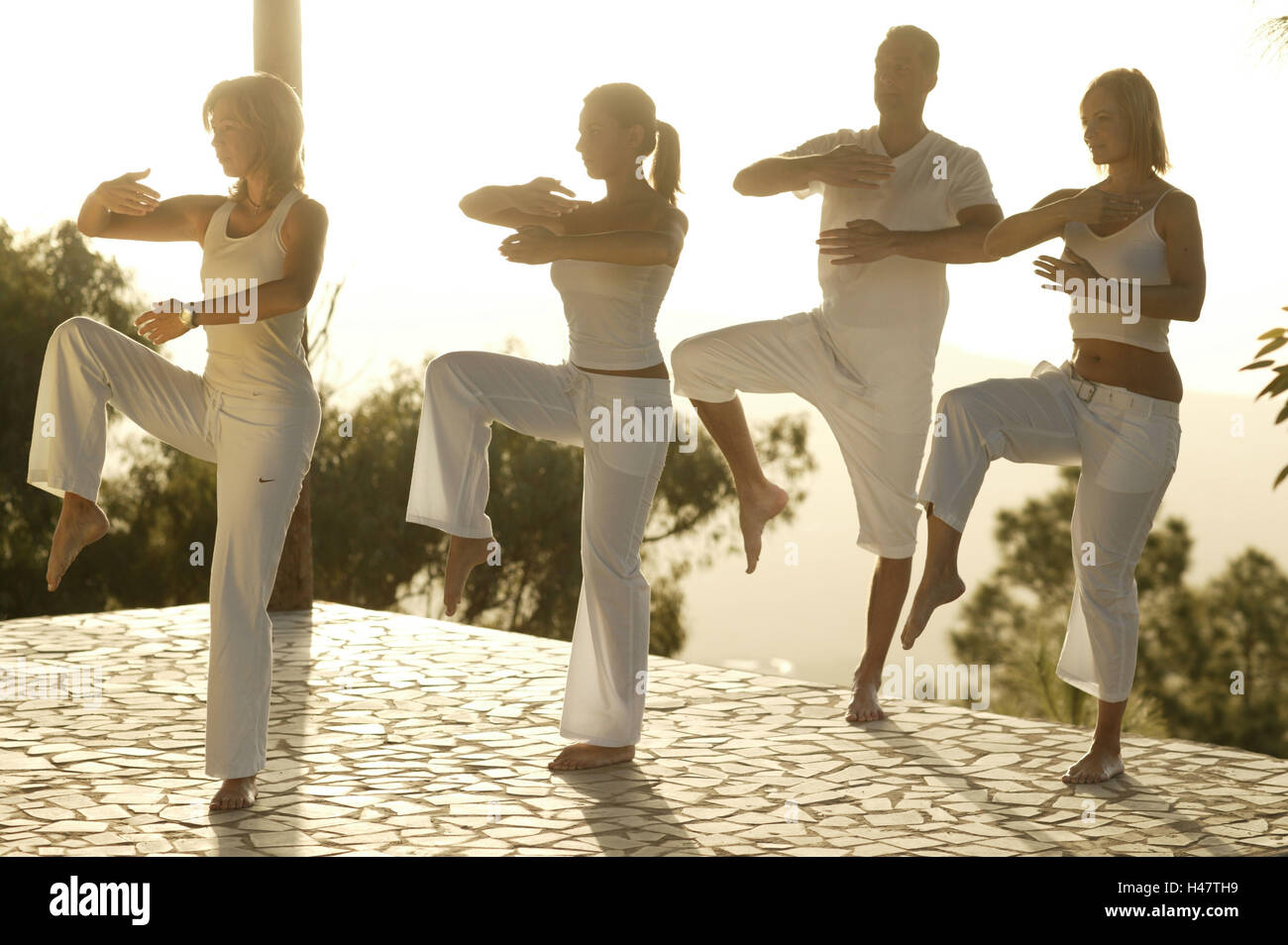 Group, Tai Chi practice, clothing white, outside, morning-mood, full-length Stock Photo