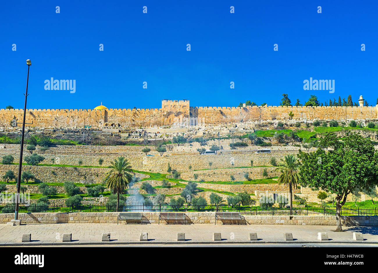 The medieval rampart hides the landmarks of the Temple Mount, Jerusalem, Israel. Stock Photo