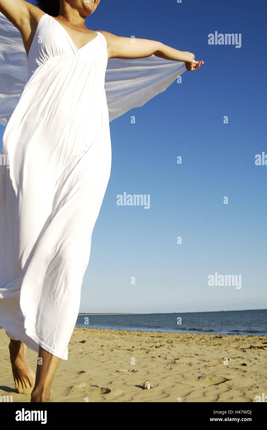 Woman, summer dress, cloth, beach, go, happy, lighthearted, medium close-up, curled, recreation, rest, vacation, sea, Sand, barefoot, course, sandy beach, take it easy, enjoy, only, leisure time, dress, summery, white, take it easy, time out, freedom, joy living, outside, Stock Photo