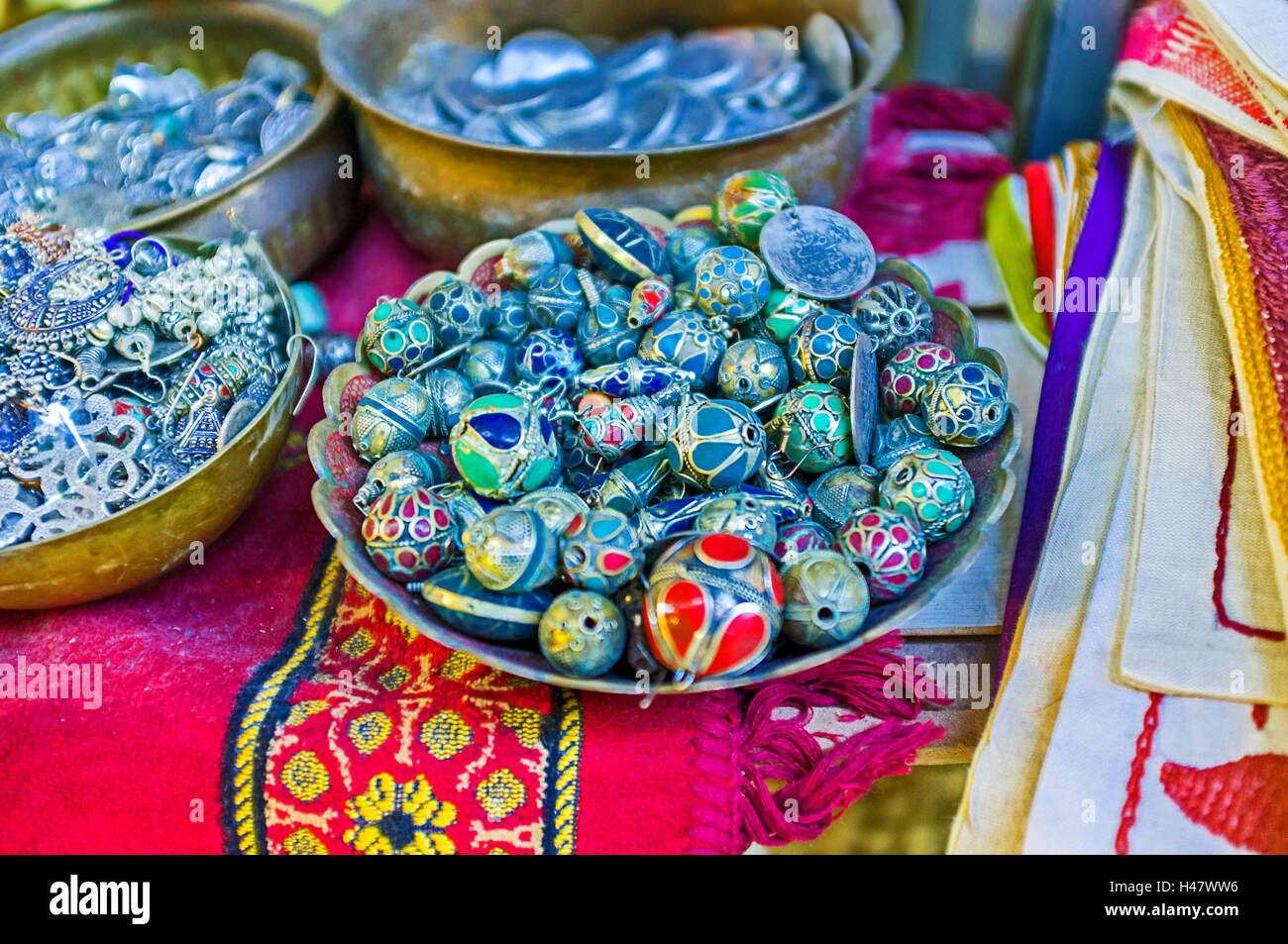 The stalls of Arab Bazaar offers the wide range of traditional beads, made of silver and colorful jewelry stones, Jerusalem, Isr Stock Photo