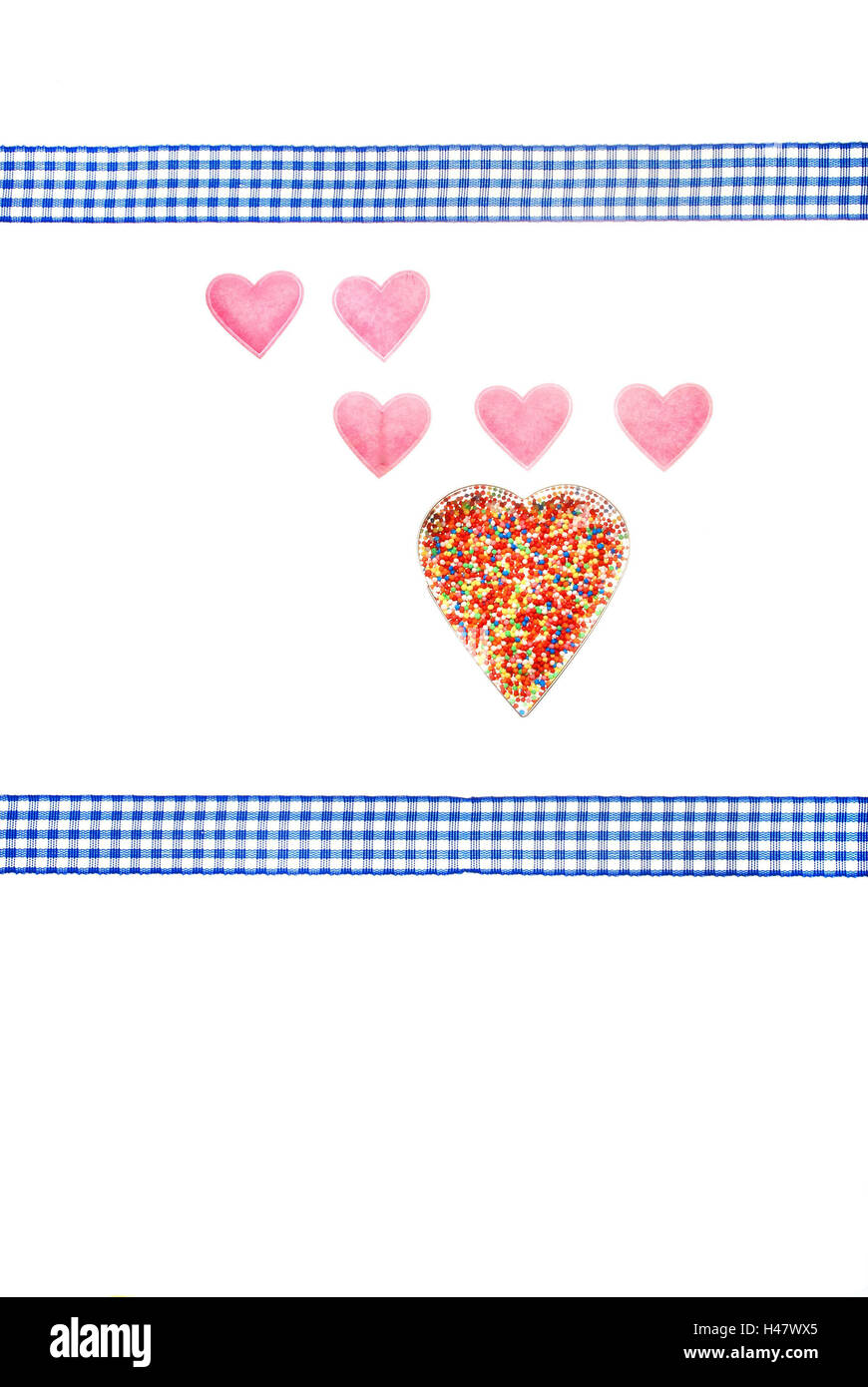 Hearts, cutter, sugar pearls, felt hearts, square ribbons, Stock Photo
