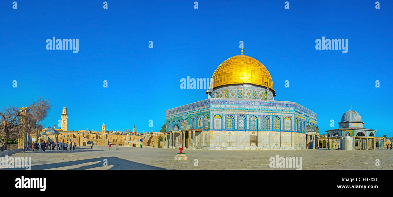 The Dome of the Rock decorated with islamic patterns of the colorful glazed tiles and topped by golden cupola, Jerusalem Israel Stock Photo