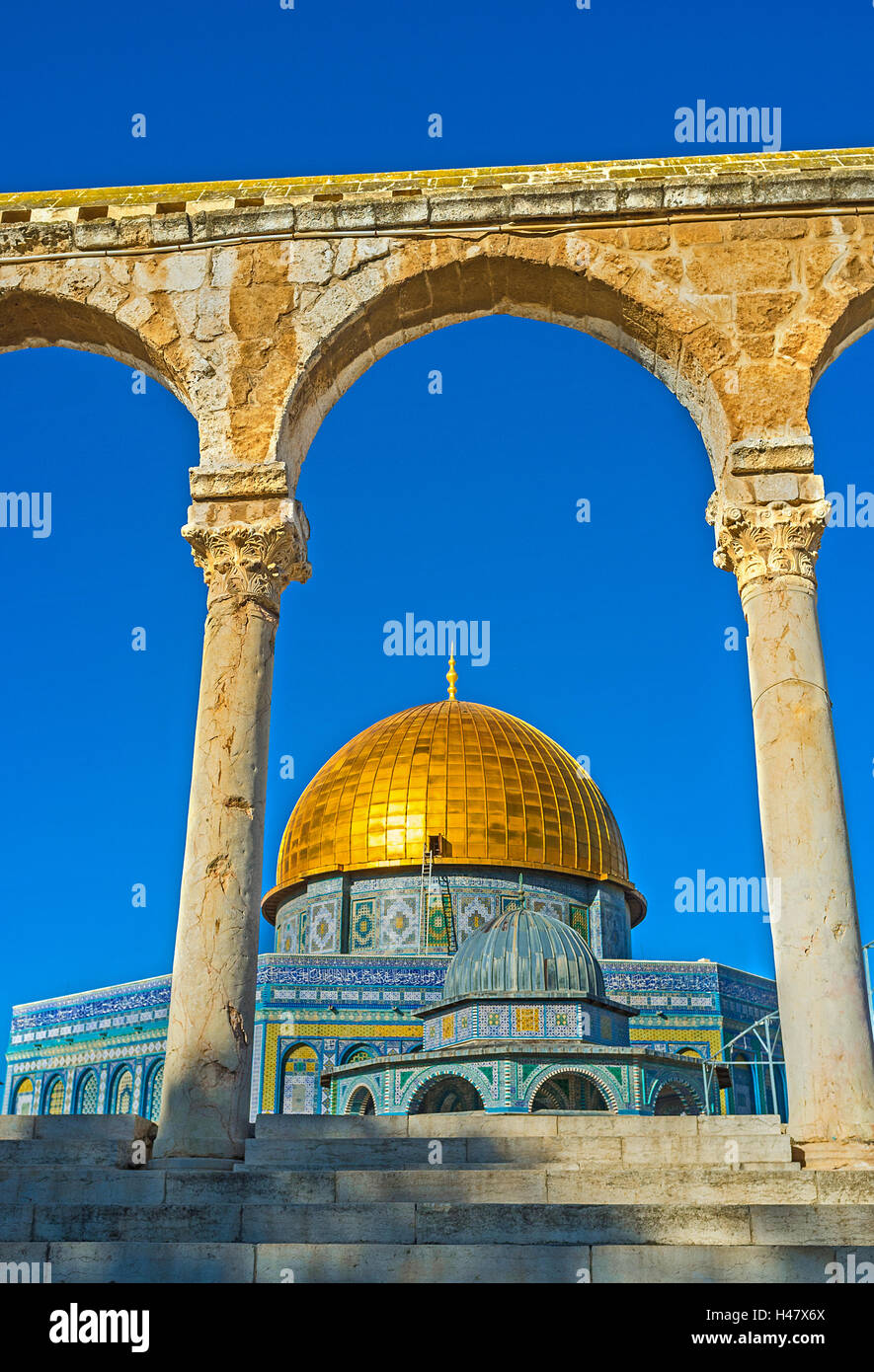 The cupola of the Dome of the Rock and the smaller one of the Dome of the Chain, seen through
