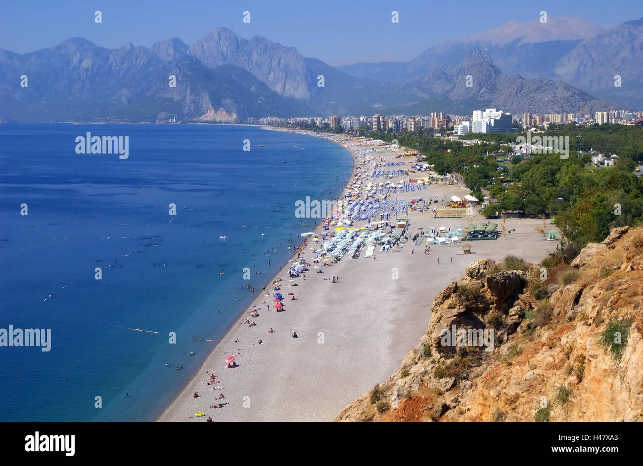 Turkey, Antalya, Konyaalti Beach, tourist, from above, the Mediterranean Sea, sandy beach, beach, sea, person, town view, town, houses, high rises, mountains, Taurus mountains, rest, leisure time, vacation, beach holiday, tourism, rest, destination, Stock Photo