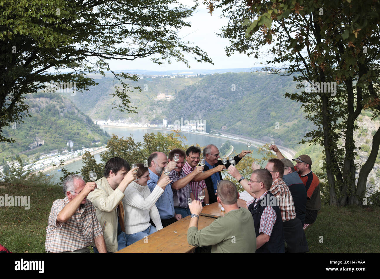 Wine hike, person, sociably, prosten, Loreley view, the Rhine, Rhineland-Palatinate, Germany, Stock Photo