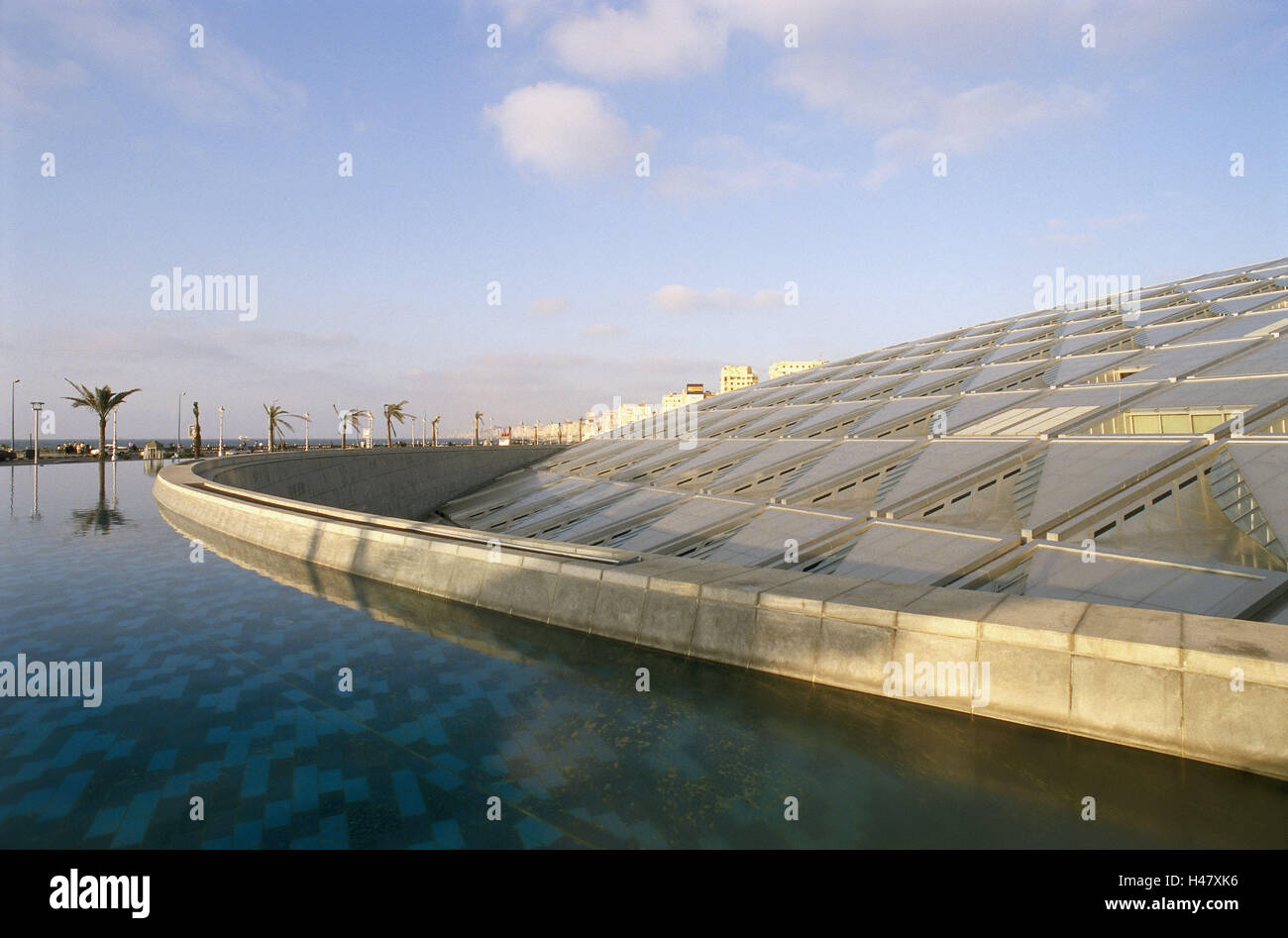 Egypt, Alexandria, Corniche, library, Alexandria, sea, Nordostafrika, coast, port, town, town view, building, modern, architecture, place of interest, glass, water cymbal, glass roof, aslant, collection books library, collection, knowledge, information, culture, water, outside, Mediterranean coast, the Mediterranean Sea, Stock Photo