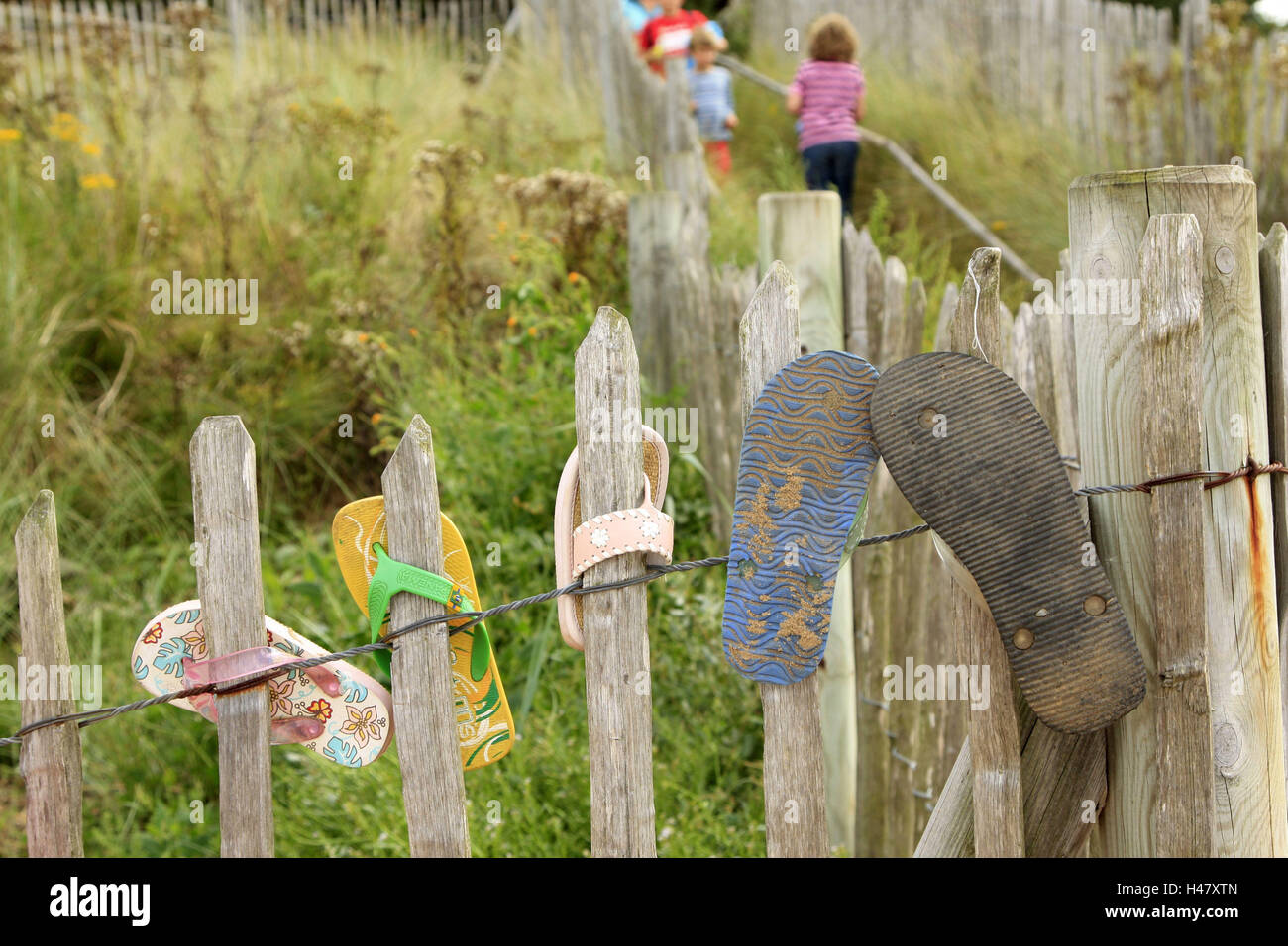 Meadow, wooden fence, pickets, beach shoes, hanging, fence, wooden