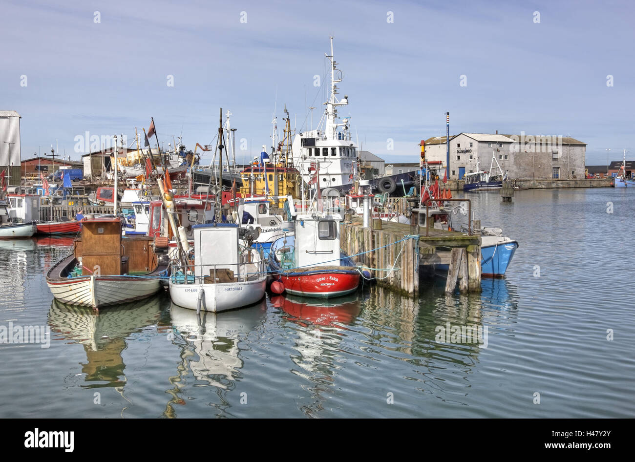 Denmark, Jutland, Hirtshals, harbour, fishing boats, fishing, North Sea, shipping, boats, ships, no people, bridge, building, Stock Photo