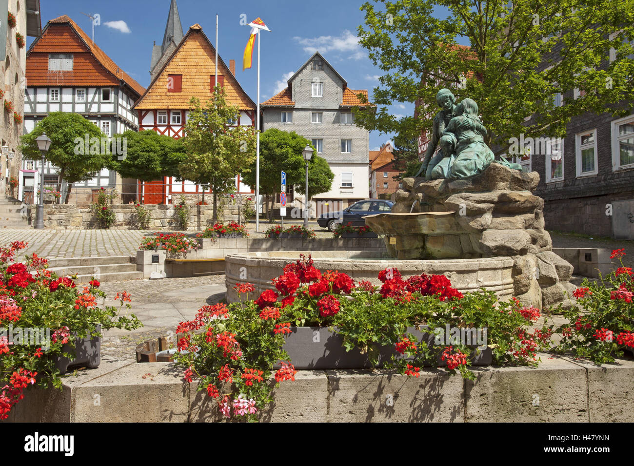 Germany, Hessen, Northern Hessen, Spangenberg, town hall square, fountain, Stock Photo