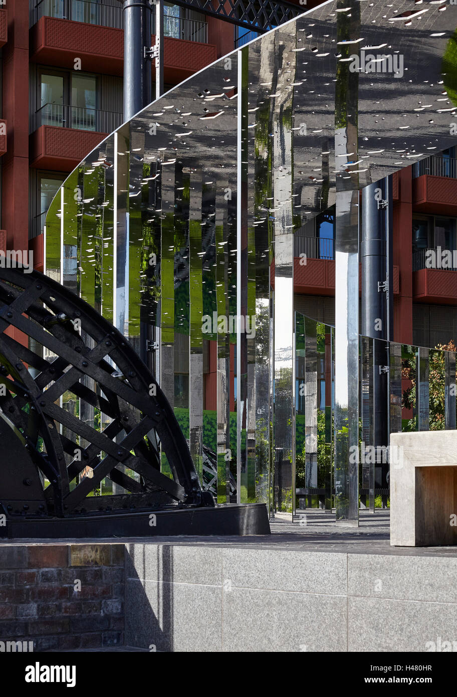 Industrial heritage iron work juxtaposed with contemporary mirrored
