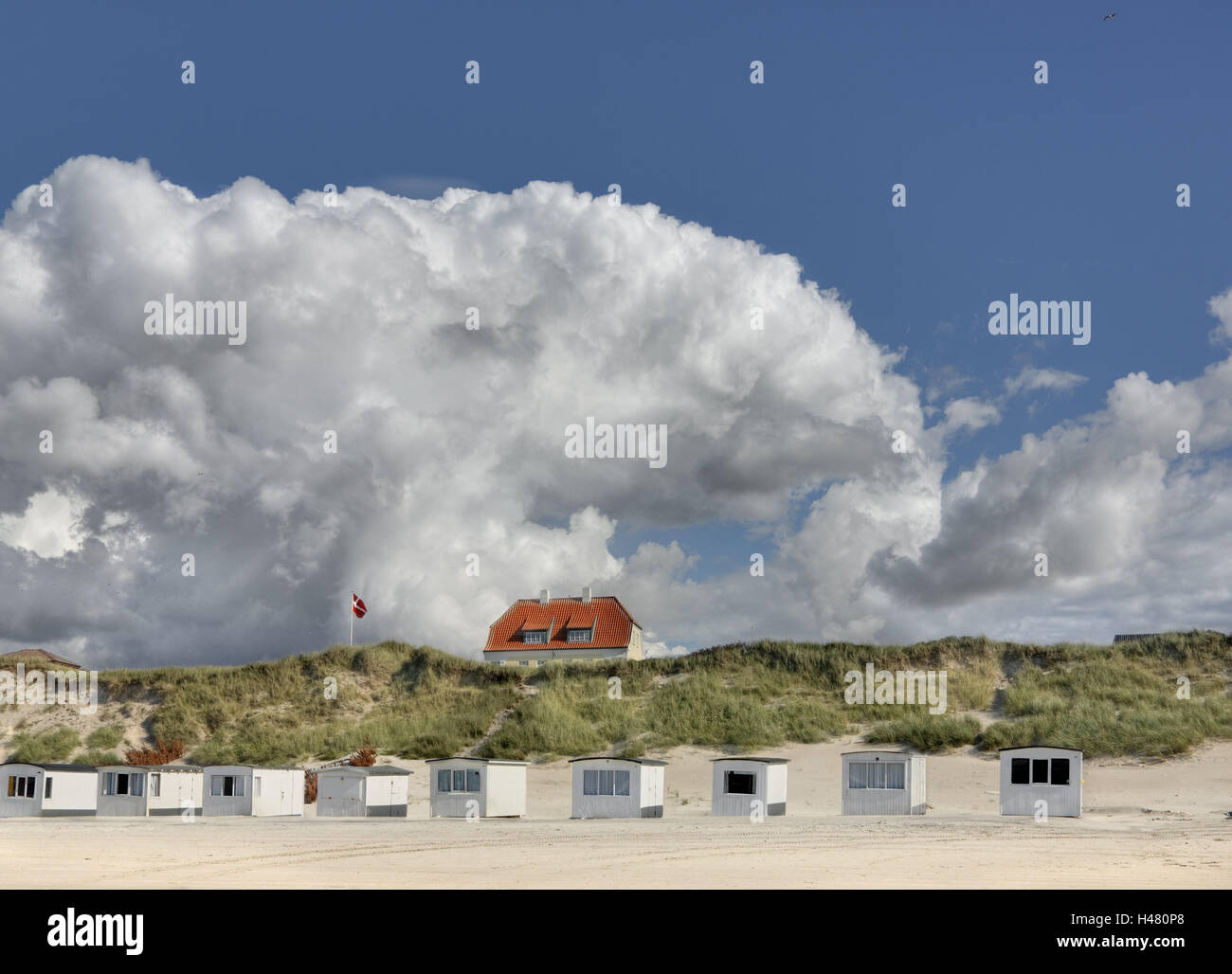 Denmark, Jutland, Lökken, beach, small beach house, clouds, Stock Photo