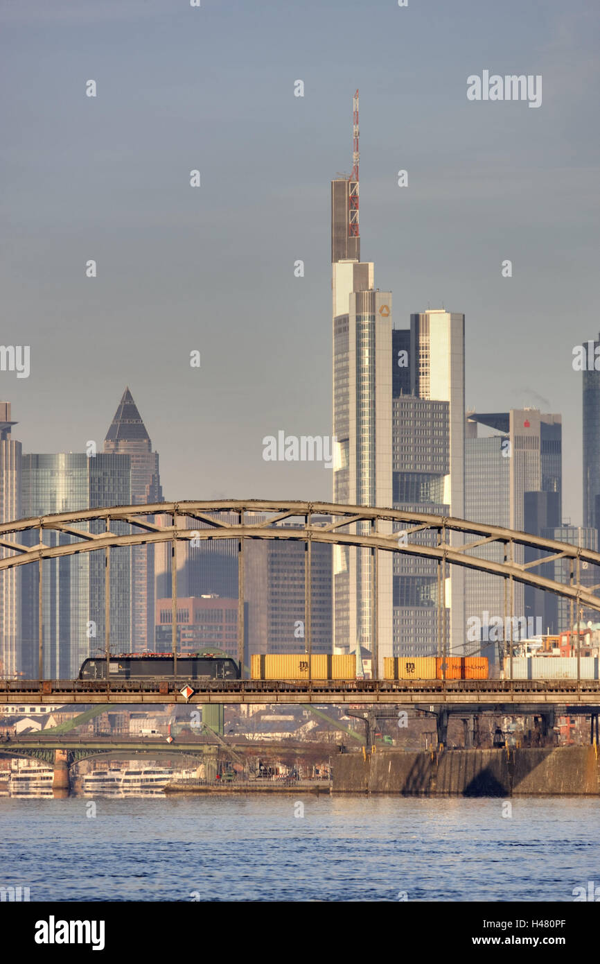 Germany, Hessen, Frankfurt am Main, river, bridge, goods train, skyline, rail transport, electric locomotive, container, German Lord's bridge, the Main, railway bridge, high rises, buildings, Frankfurt, private trajectory, railway transportation company, Stock Photo