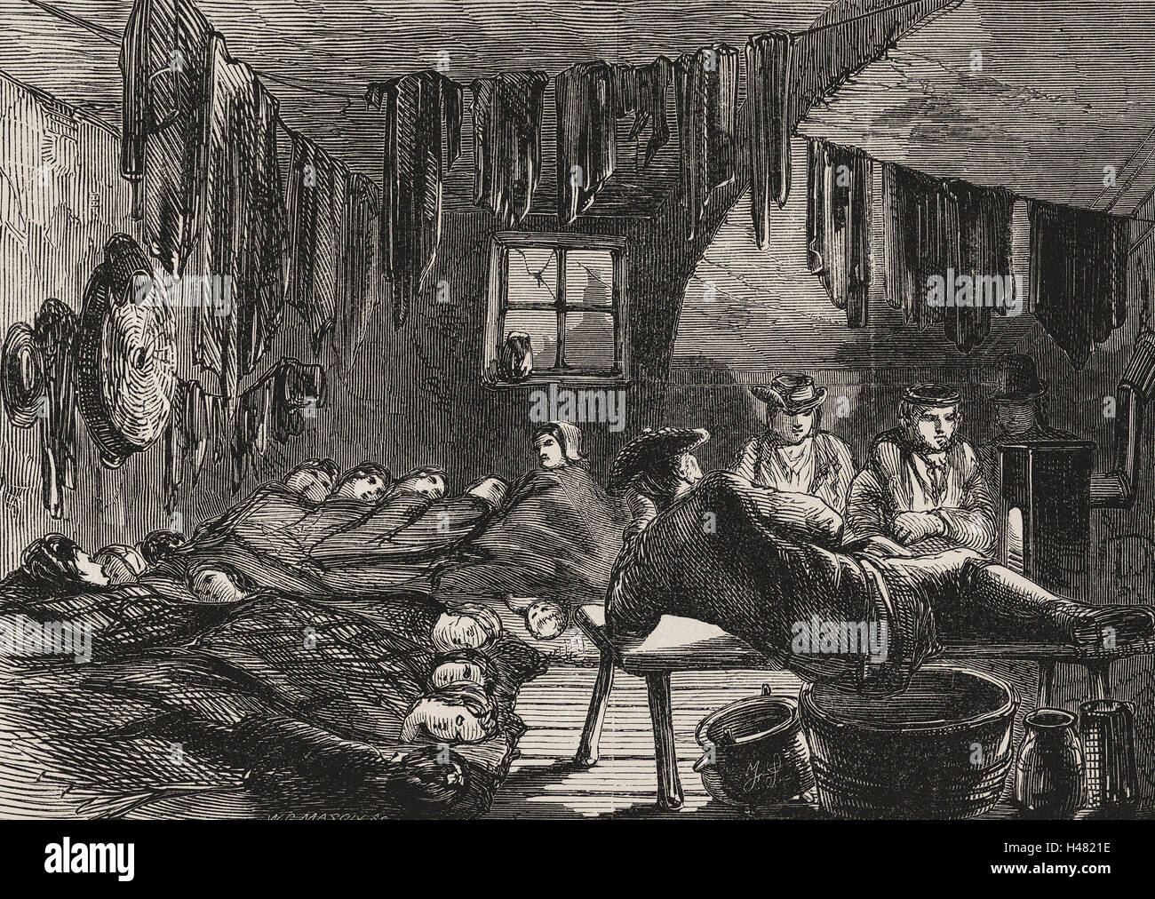 Illustration depicting cramped and squalid housing conditions Stock Photo
