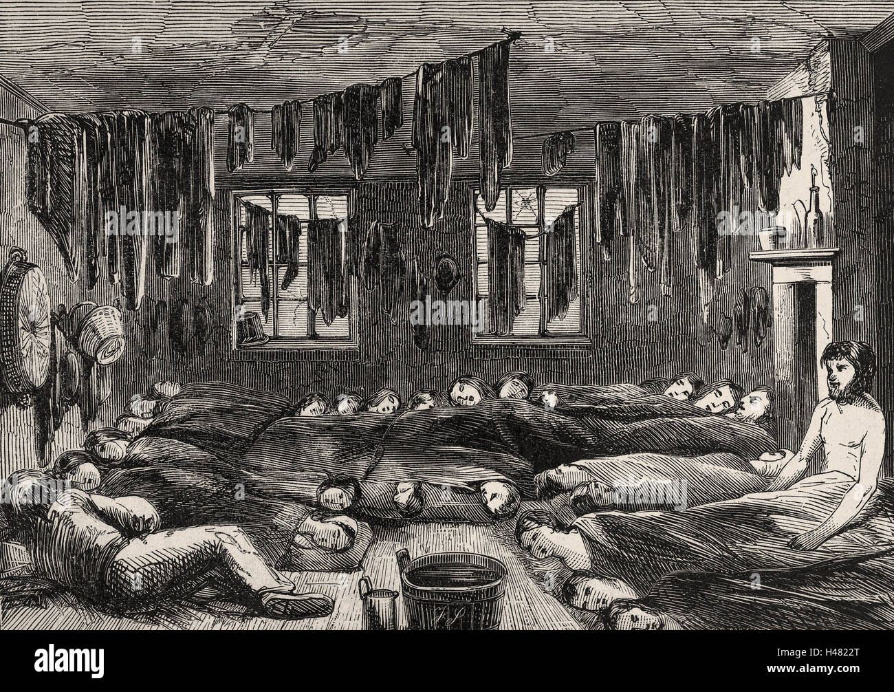Illustration depicting cramped and squalid housing conditions Stock Photo