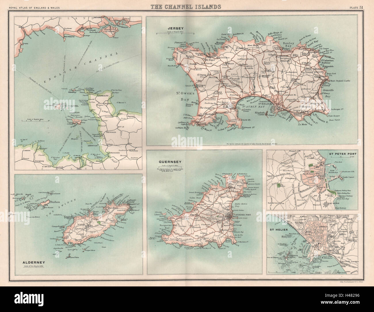 St Peter Jersey Map Channel Islands. Jersey Alderney Guernsey St. Peter Port St. Helier 1898 Map  Stock Photo - Alamy