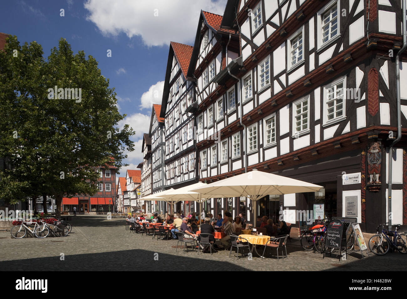 Germany, Hessen, Fulda Werra mountainous country, Melsungen, houses on the marketplace, Stock Photo