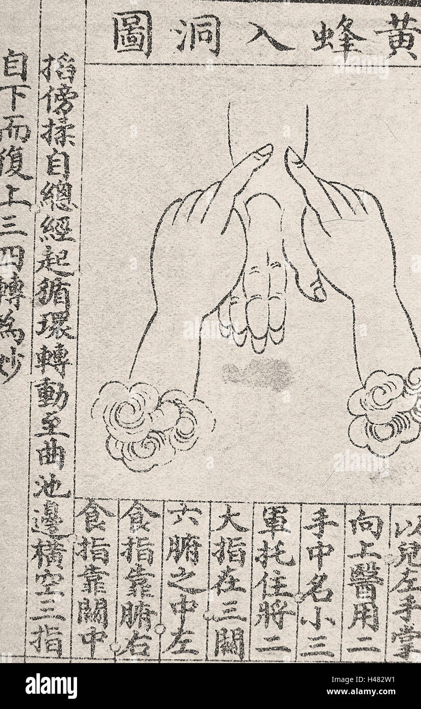 Chinese medical illustration in trad. style; Hand massage Stock Photo