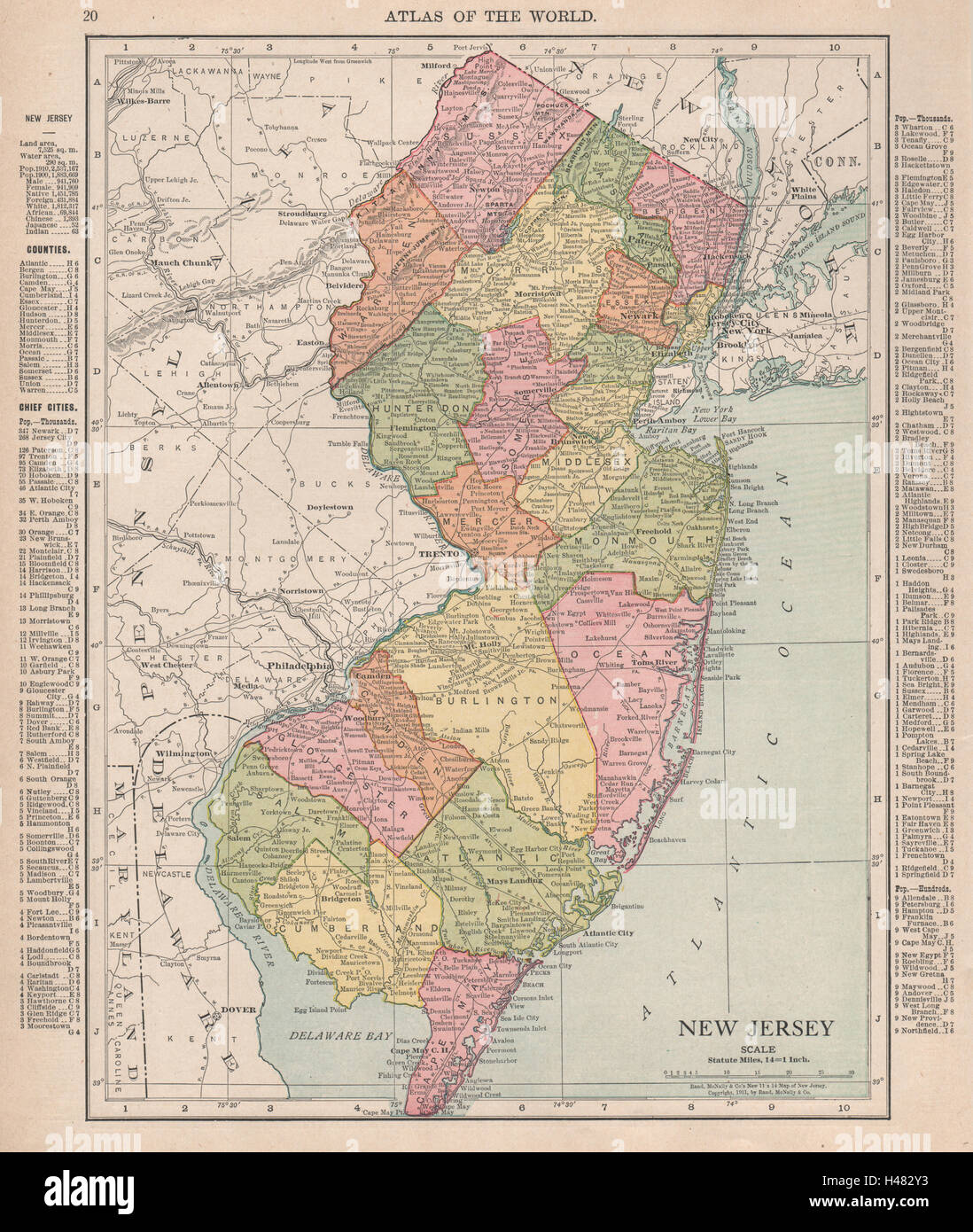 New Jersey state map showing counties. RAND MCNALLY 1912 old antique chart Stock Photo