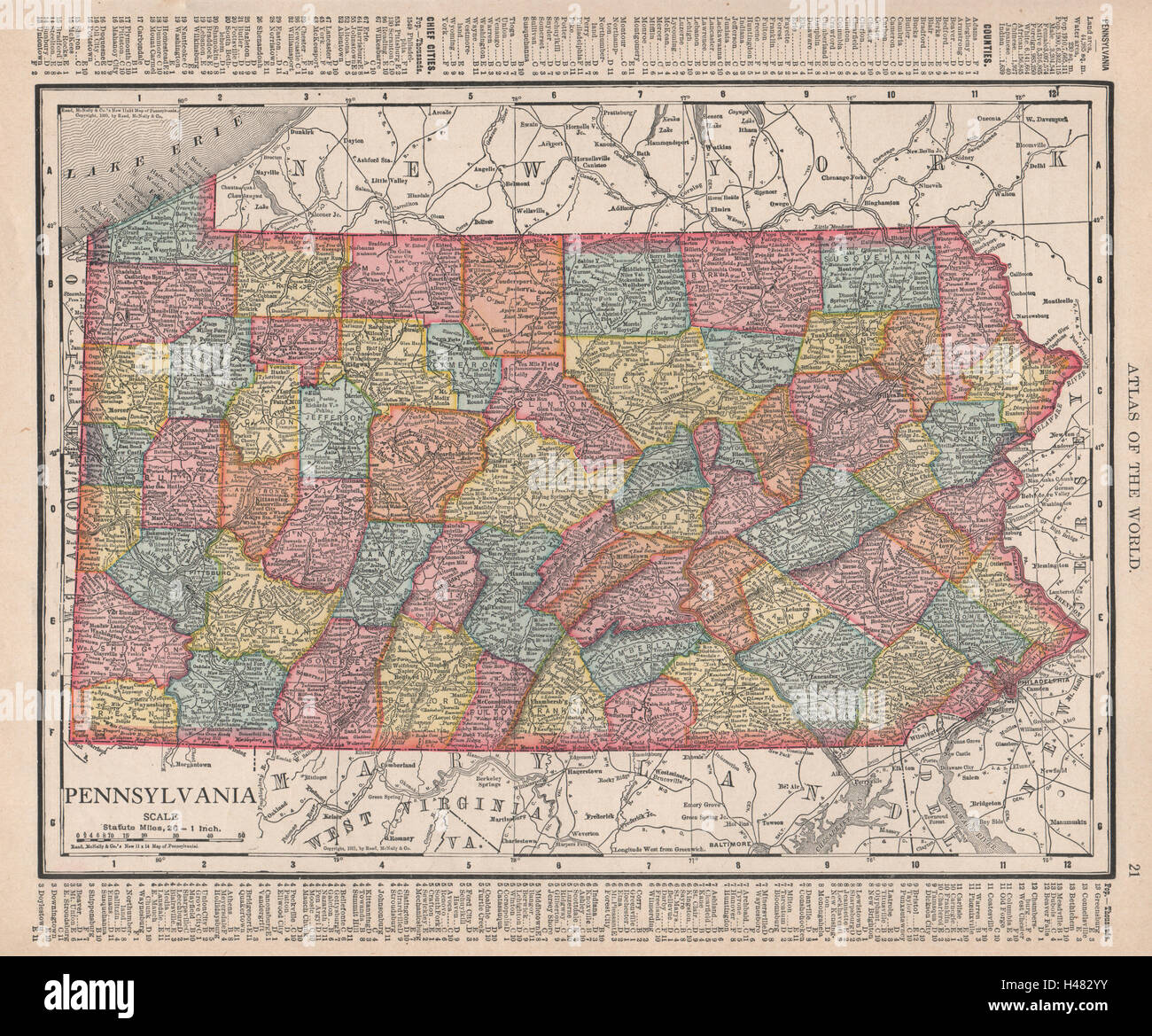 Pennsylvania state map showing counties. RAND MCNALLY 1912 old antique Stock Photo