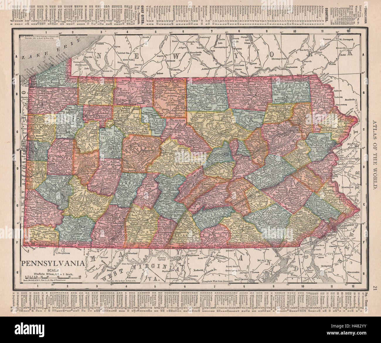 Pennsylvania state map showing counties. RAND MCNALLY 1912 old antique