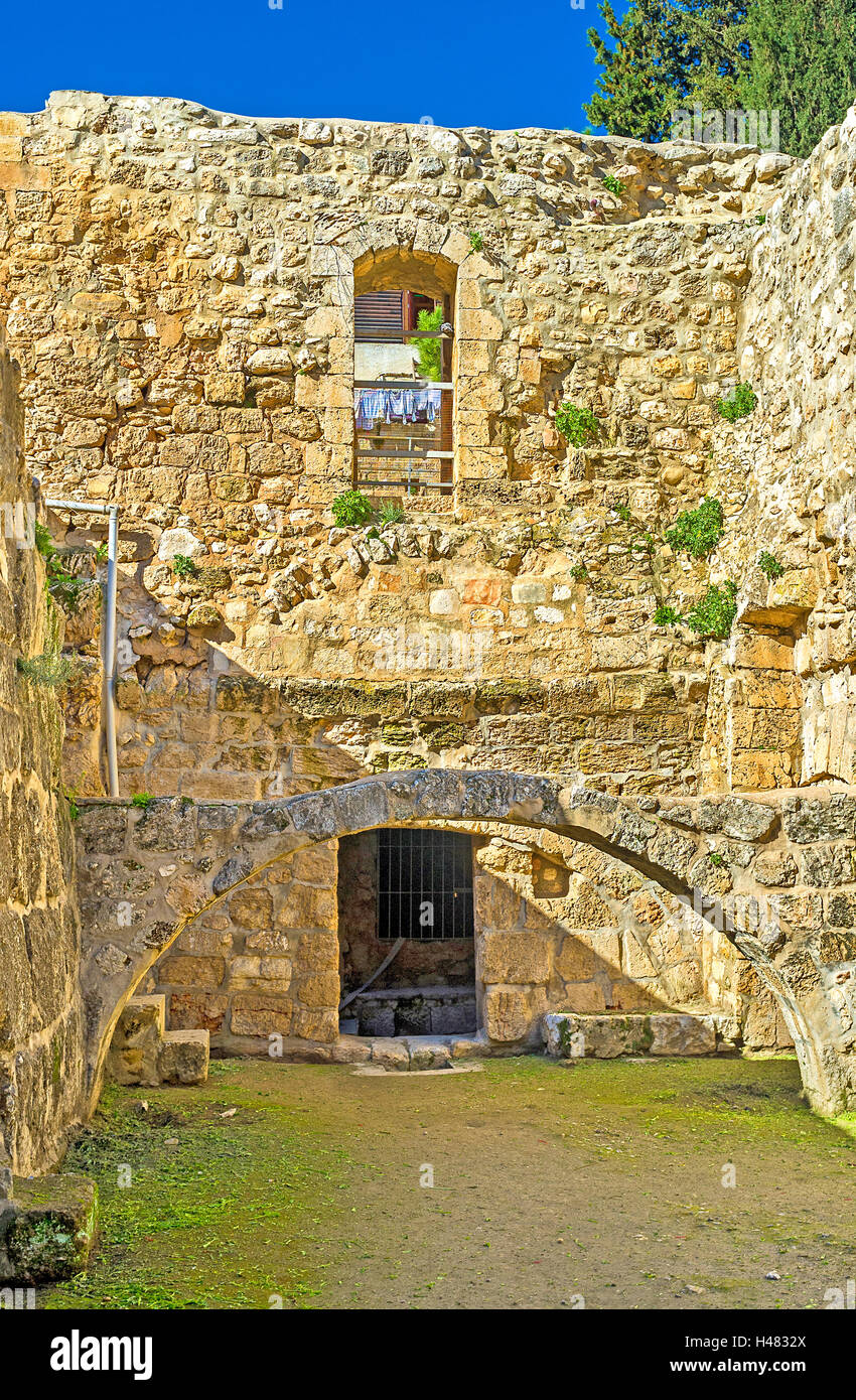 The ruins of Byzantine Basilica is the part of the Bethesda Pool archaeological site, located next to the Lions' Gate, Jerusalem Stock Photo