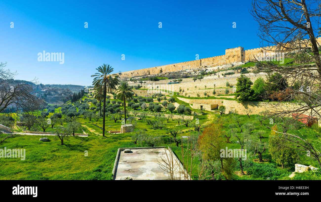 The Kidron Valley separates the Temple Mount from the Mount of Olives and contains many ancient tombs, Jerusalem, Israel. Stock Photo