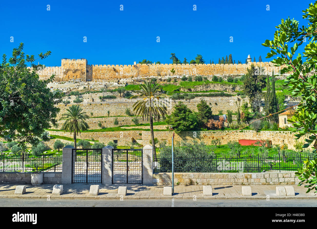 The Kidron Valley and the medieval walls of the old Jerusalem on the background, Israel. Stock Photo