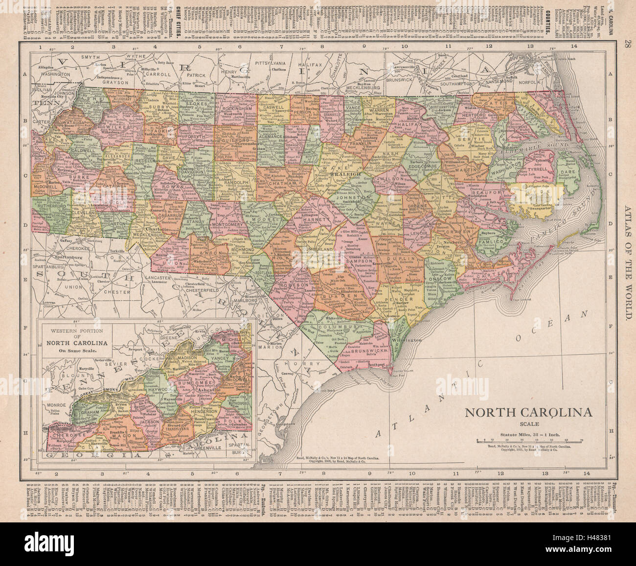 North Carolina state map showing counties. RAND MCNALLY 1912 old antique Stock Photo