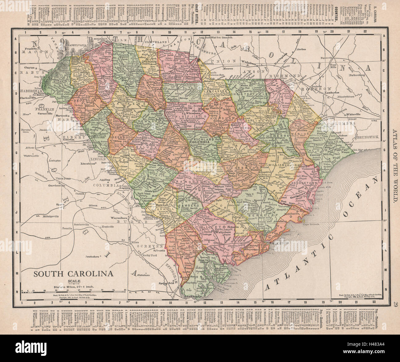 South Carolina state map showing counties. RAND MCNALLY 1912 old antique Stock Photo