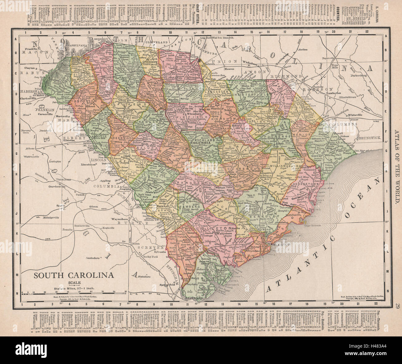 South Carolina state map showing counties. RAND MCNALLY 1912 old