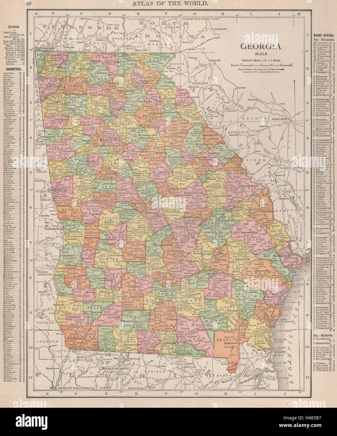 Georgia state map showing counties. RAND MCNALLY 1912 old antique chart Stock Photo