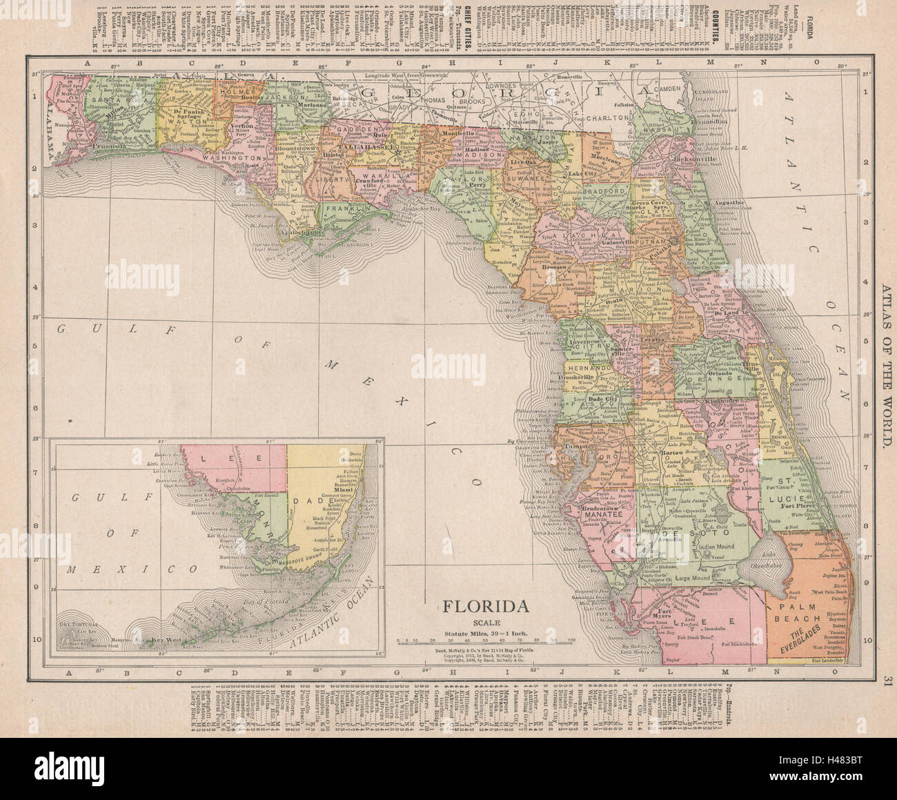Florida state map showing counties. RAND MCNALLY 1912 old antique chart Stock Photo