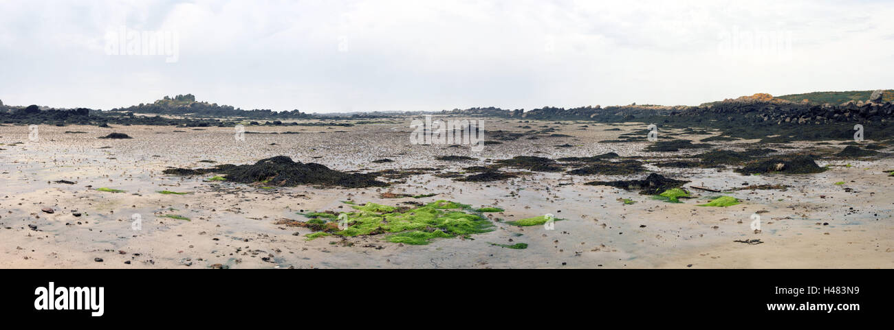 France, Normandy, Iles Chausey, beach, tide, panoramic views, Stock Photo