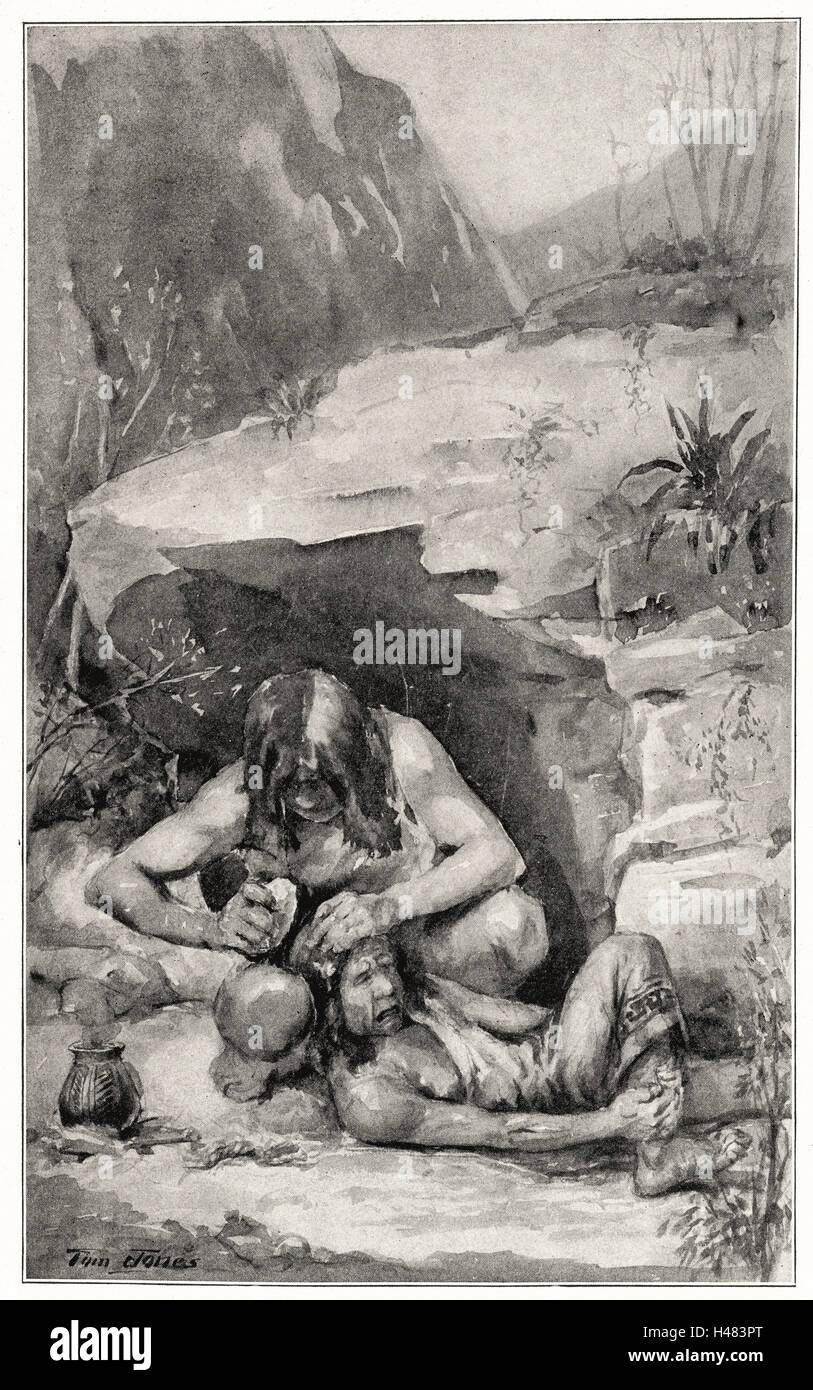 Illustration depicting prehistoric surgical operation Stock Photo
