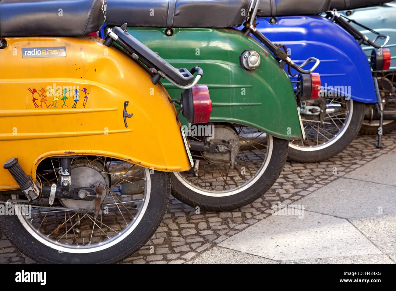 Motorbikes, park, detail, Ostalgie, Brightly, the GDR, detail, Germany, Europe, German, cult, motor scooter, nobody, nostalgia, Retro, scooter, 'deliberate dive', style, transport, tyre, rear tyre, Stock Photo