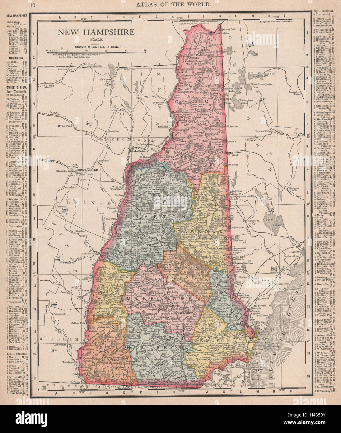 New Hampshire state map showing counties. RAND MCNALLY 1912 old antique Stock Photo