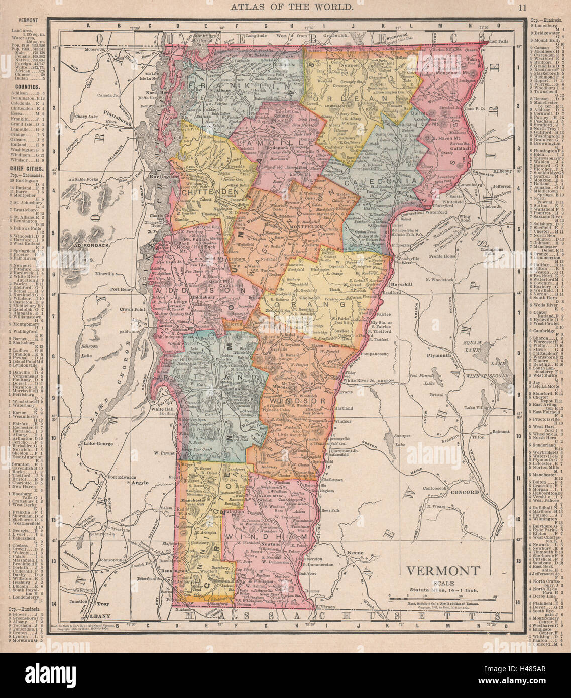 Vermont state map showing counties. RAND MCNALLY 1912 old antique chart Stock Photo