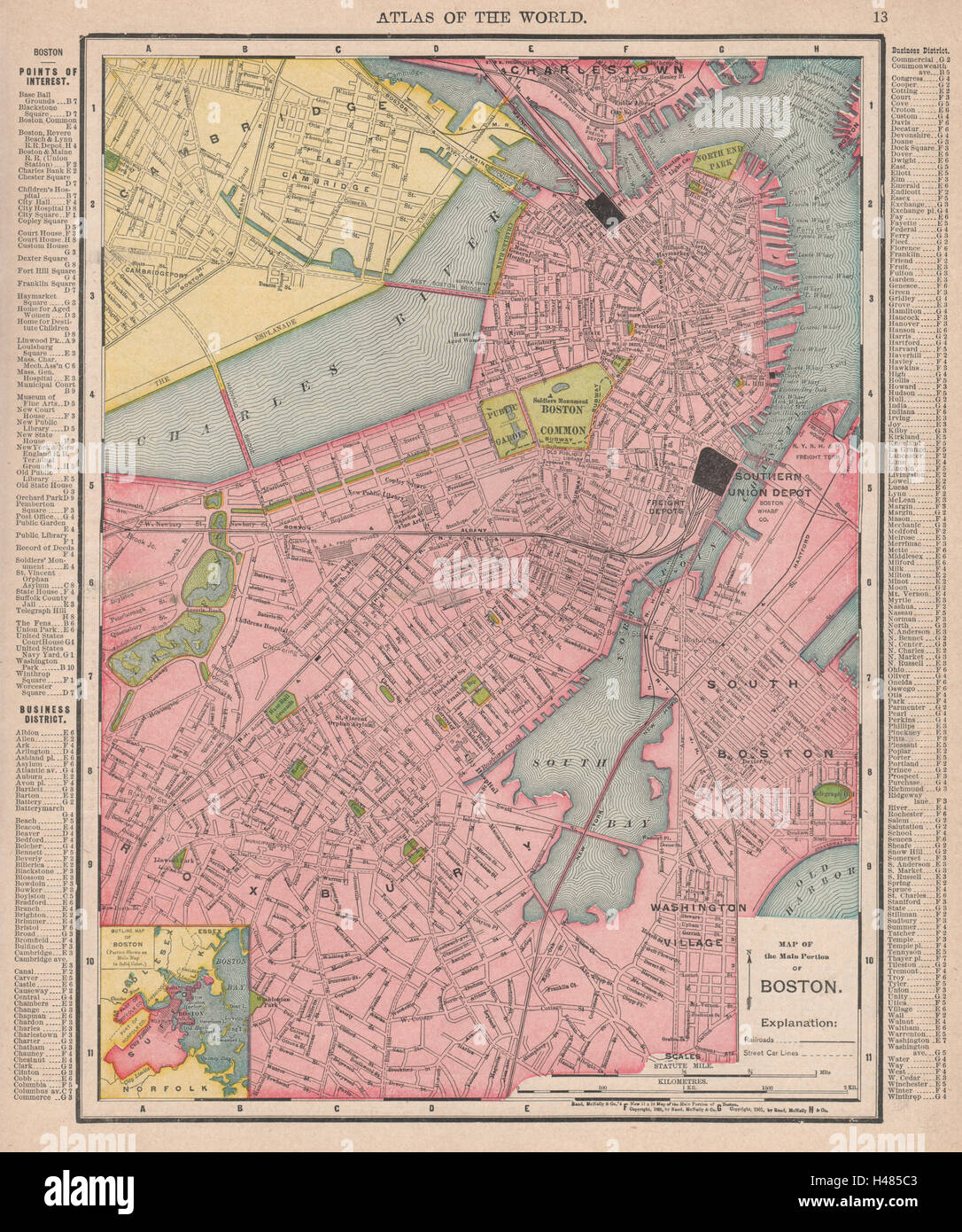 Boston town city map plan. Massachusetts. RAND MCNALLY 1912 old antique Stock Photo