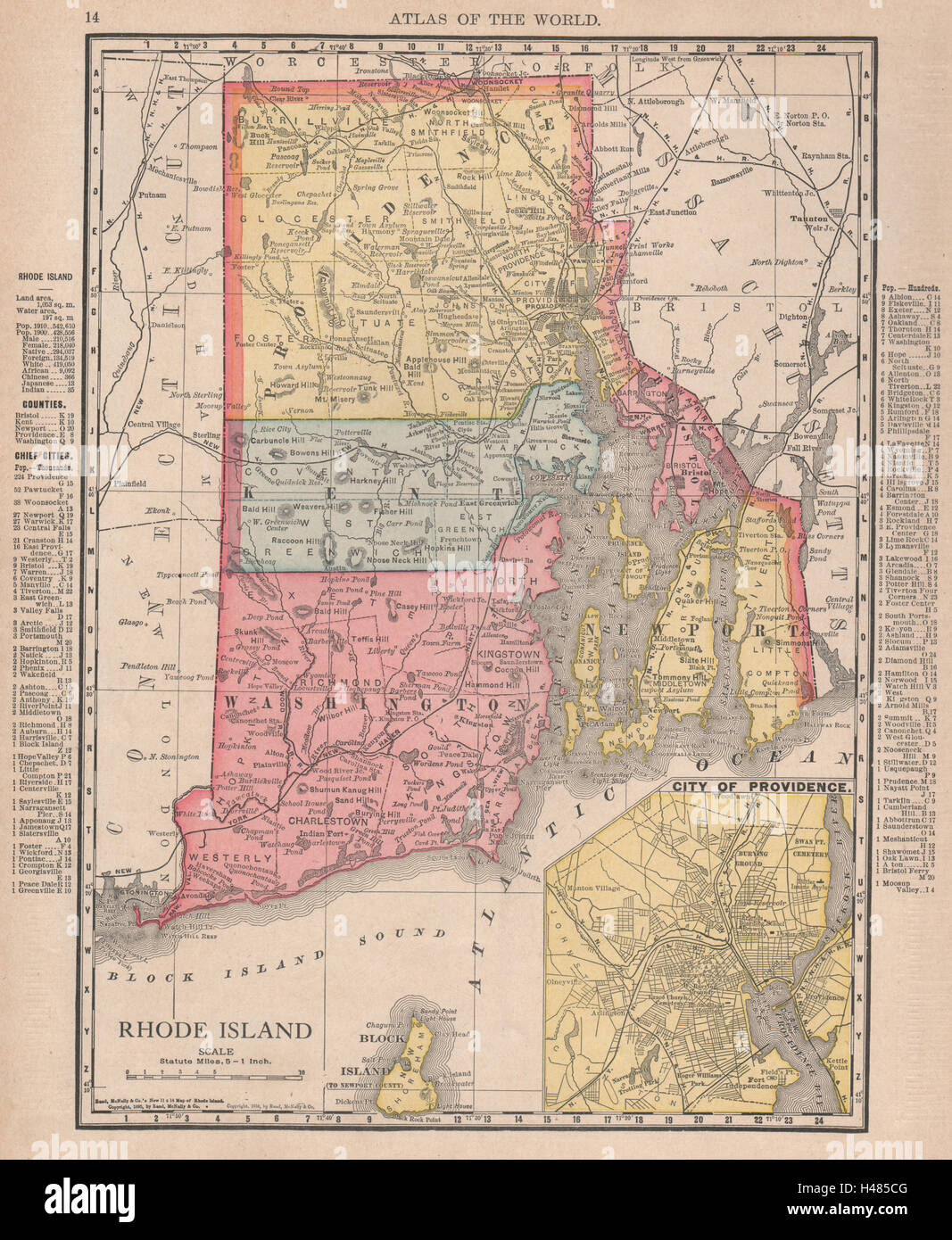 Rhode Island state map showing counties. Providence inset. RAND MCNALLY 1912 Stock Photo
