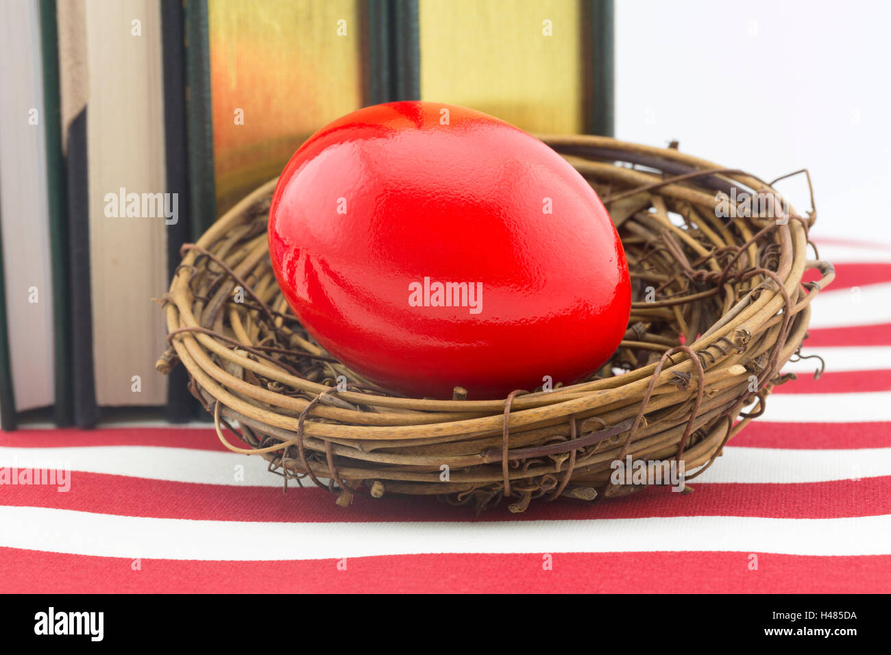 Red nest egg in front of books on American flag pattern.  Still life reflects problematic high costs of education and its debt. Stock Photo