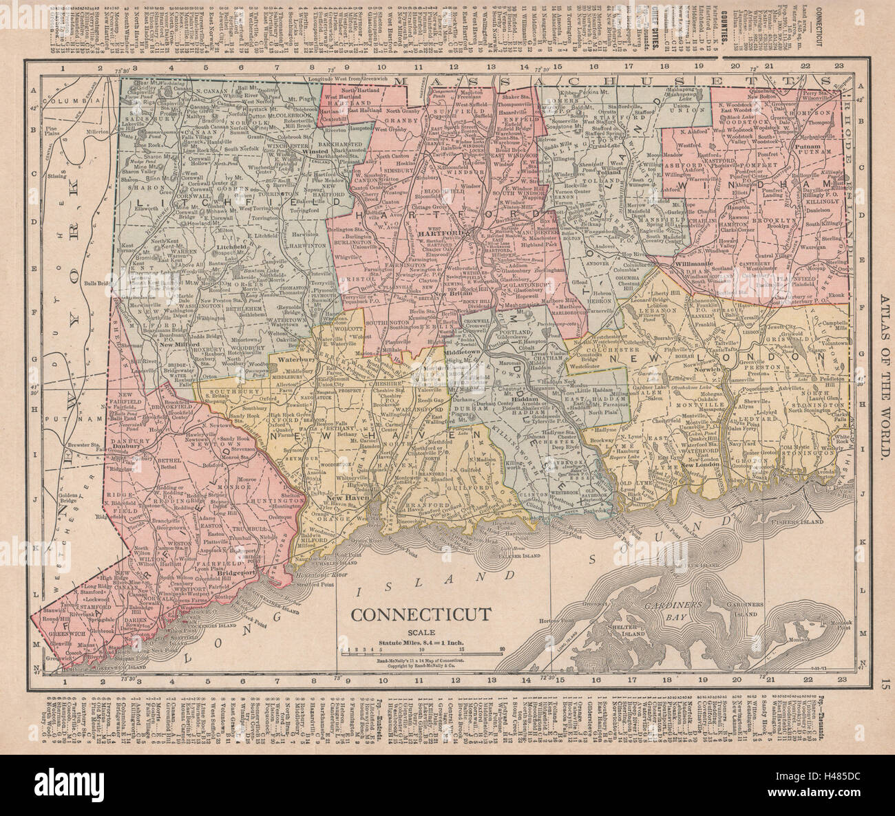 Connecticut state map showing counties. RAND MCNALLY 1912 old antique Stock Photo