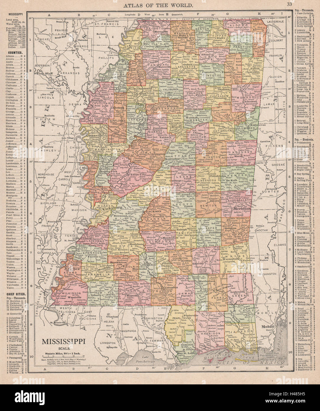 Mississippi state map showing counties. RAND MCNALLY 1912 old antique Stock Photo