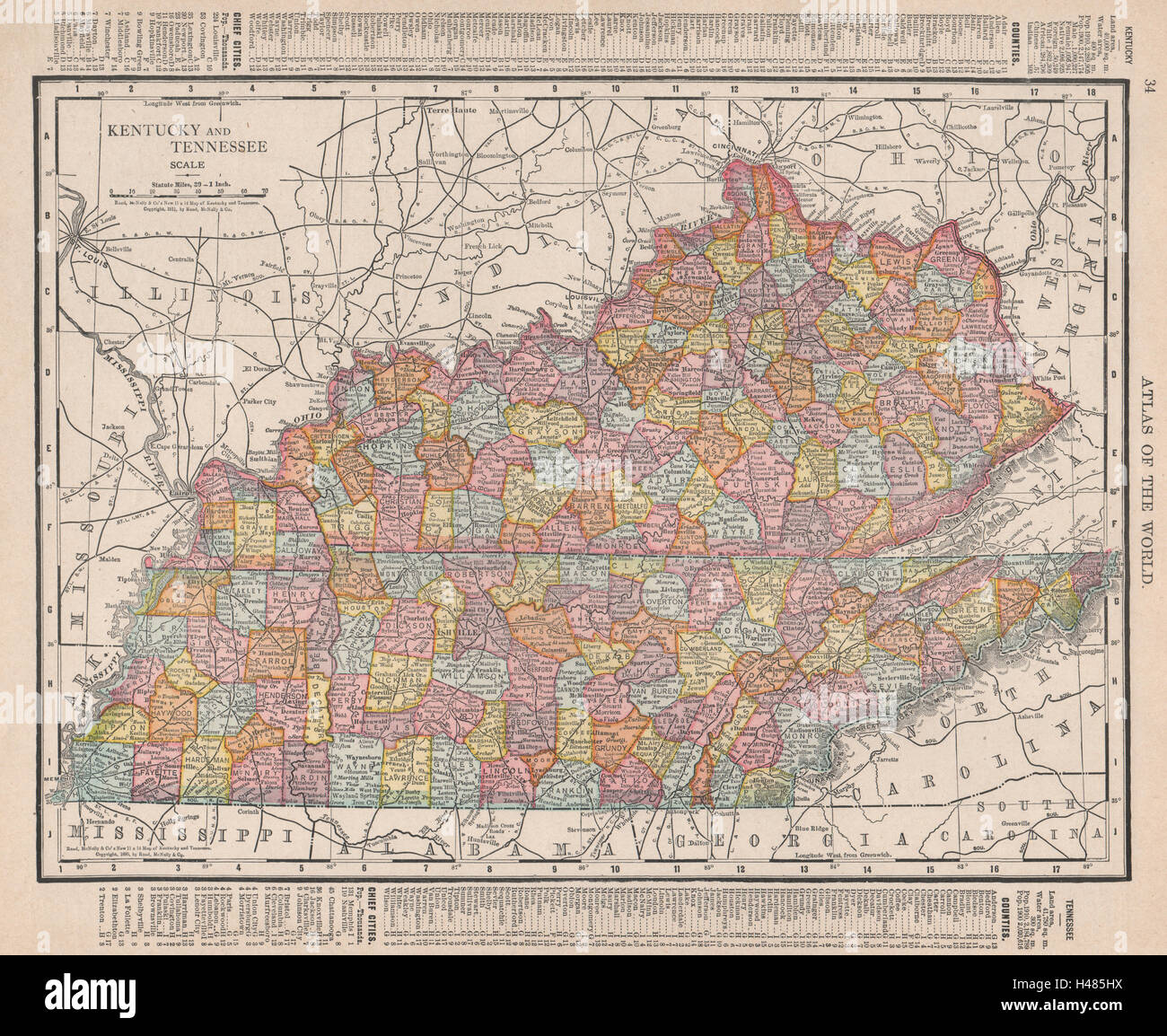 Kentucky and Tennessee state map showing counties. RAND MCNALLY 1912 old Stock Photo