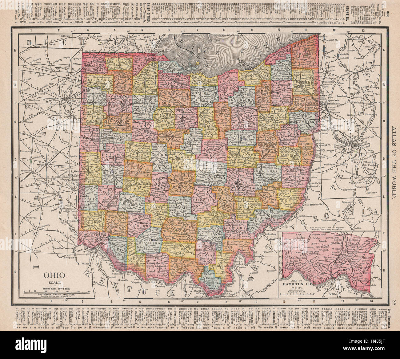 Ohio state map showing counties. RAND MCNALLY 1912 old antique plan chart Stock Photo